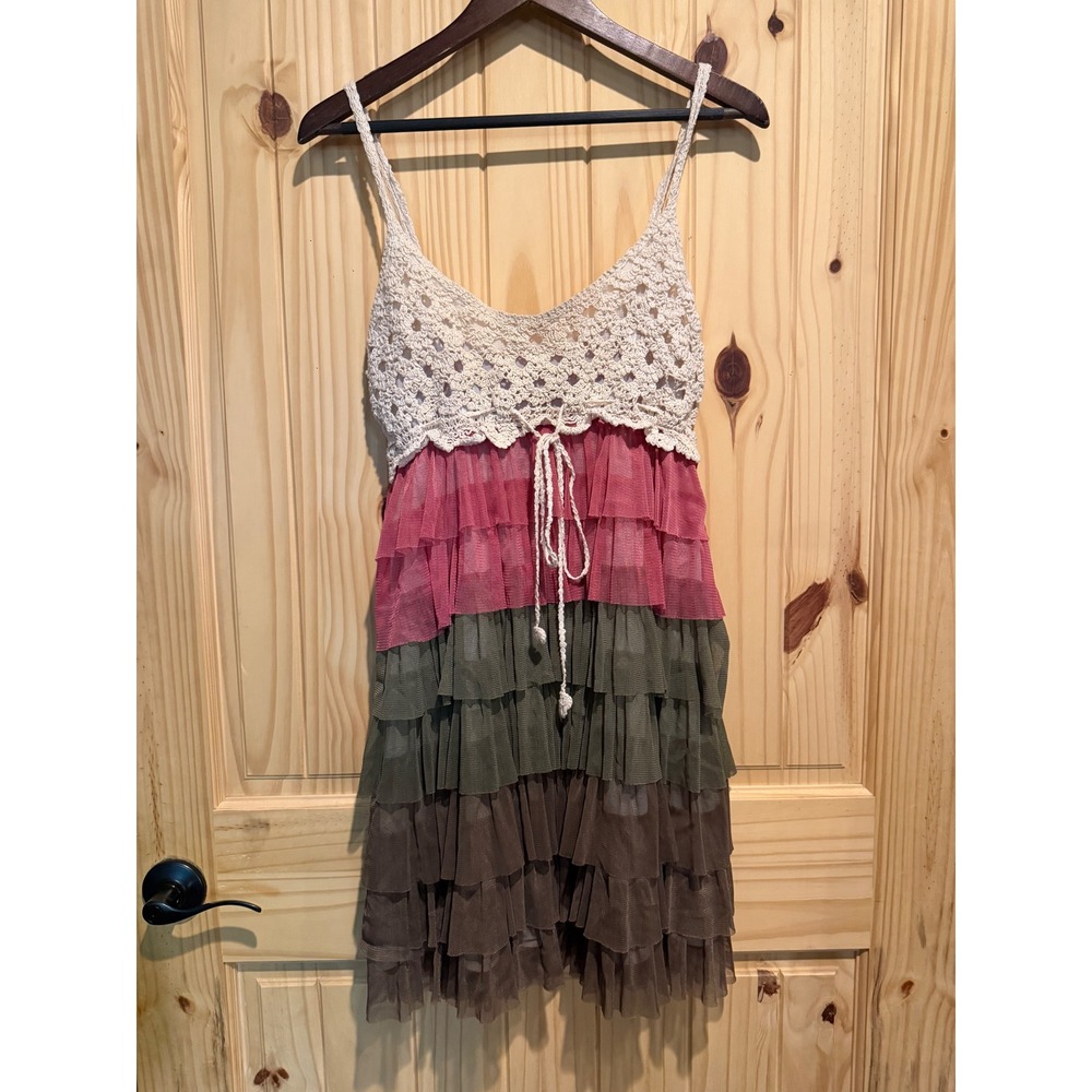 J. Gee Crochet Tiered Mesh Ruffle Mini Dress Boho Festival Pink Green Brown L